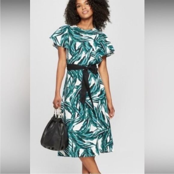 Who What Wear Linen Blend Palm Print Tropical Midi Dress XS - Picture 2 of 10